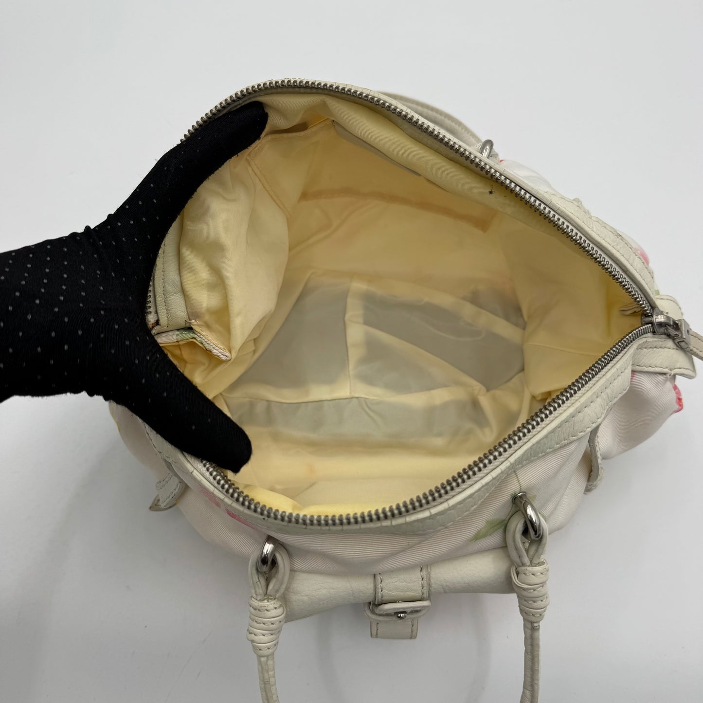 Salvatore Ferragamo White Floral Canvas and Leather Small Boston