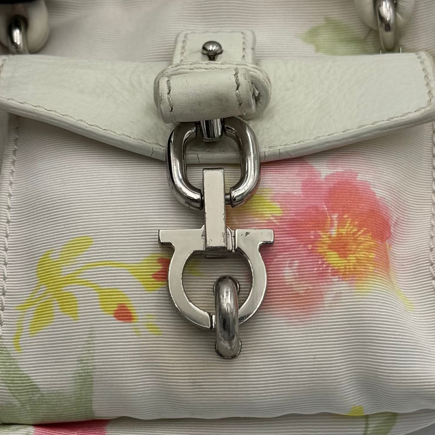 Salvatore Ferragamo White Floral Canvas and Leather Small Boston