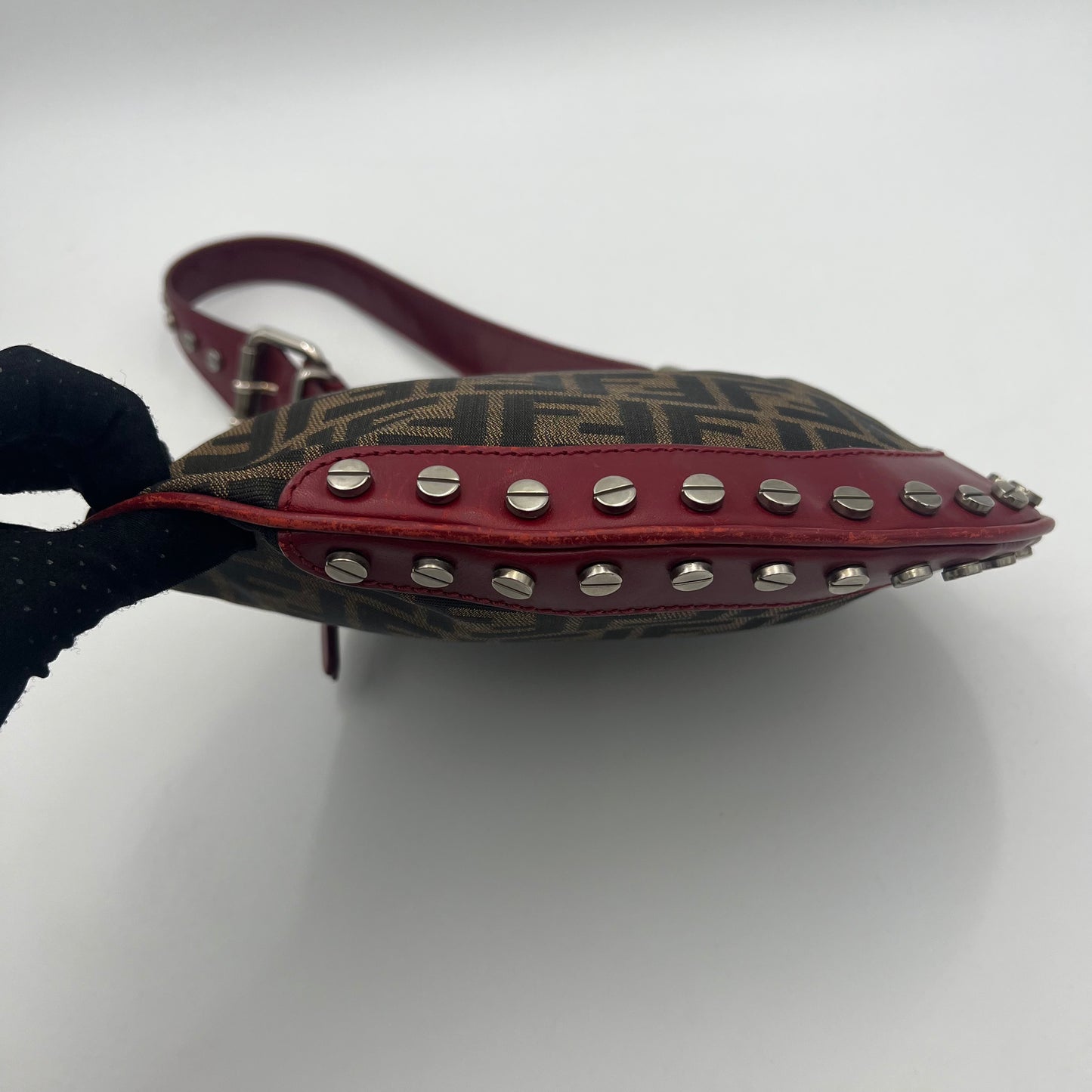 Fendi Tobacco Zucca and Studded Burgundy Leather Oyster Bag