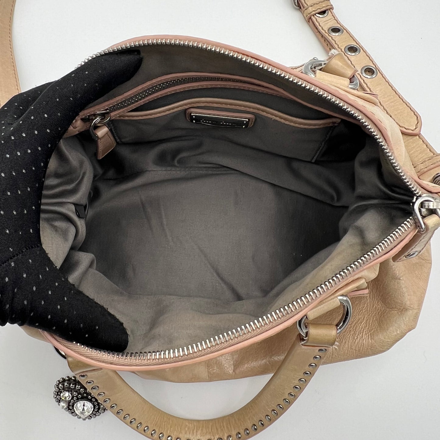 Miu Miu Beige Vitello Lux Crystal Heart Charm Two-Way Bag
