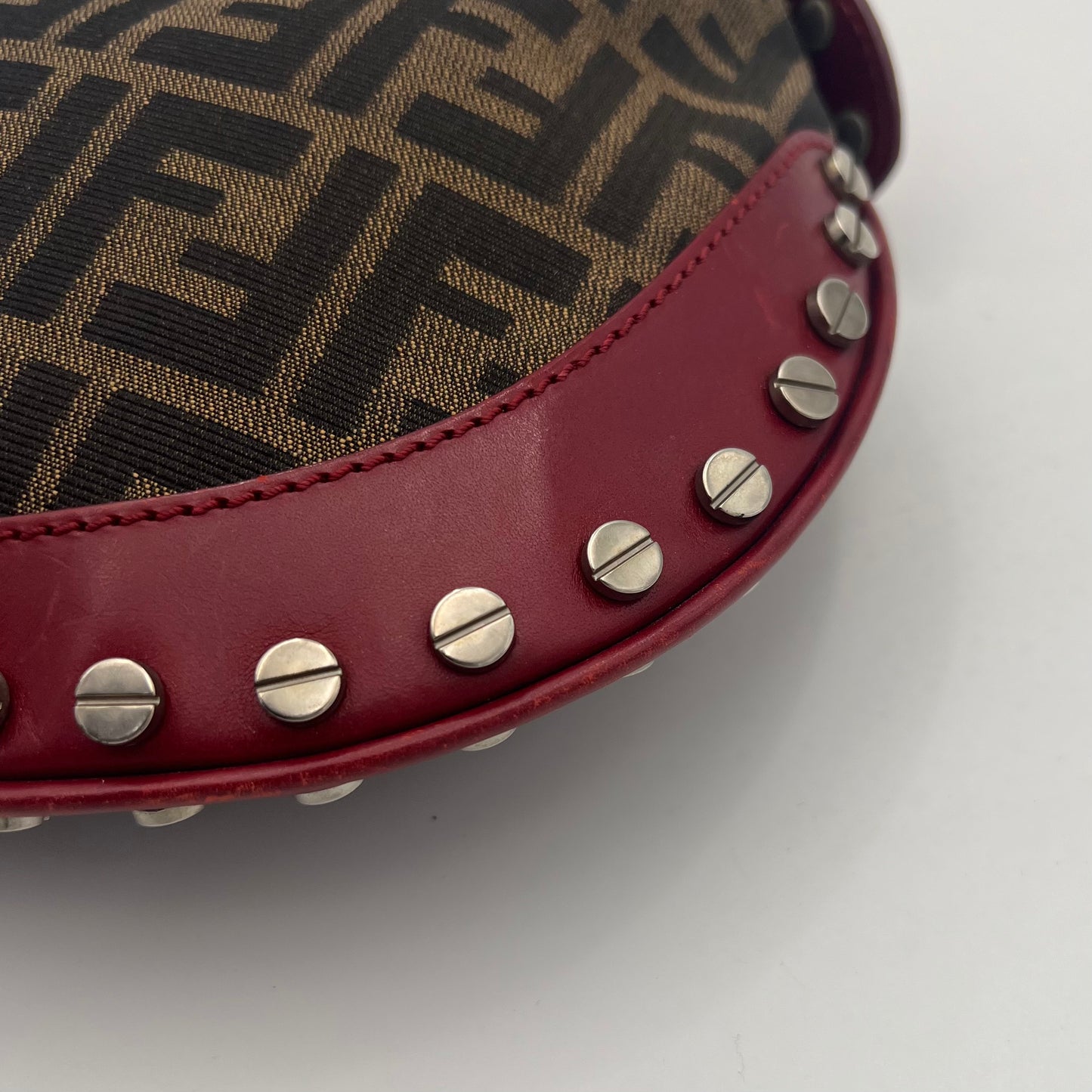 Fendi Tobacco Zucca and Studded Burgundy Leather Oyster Bag