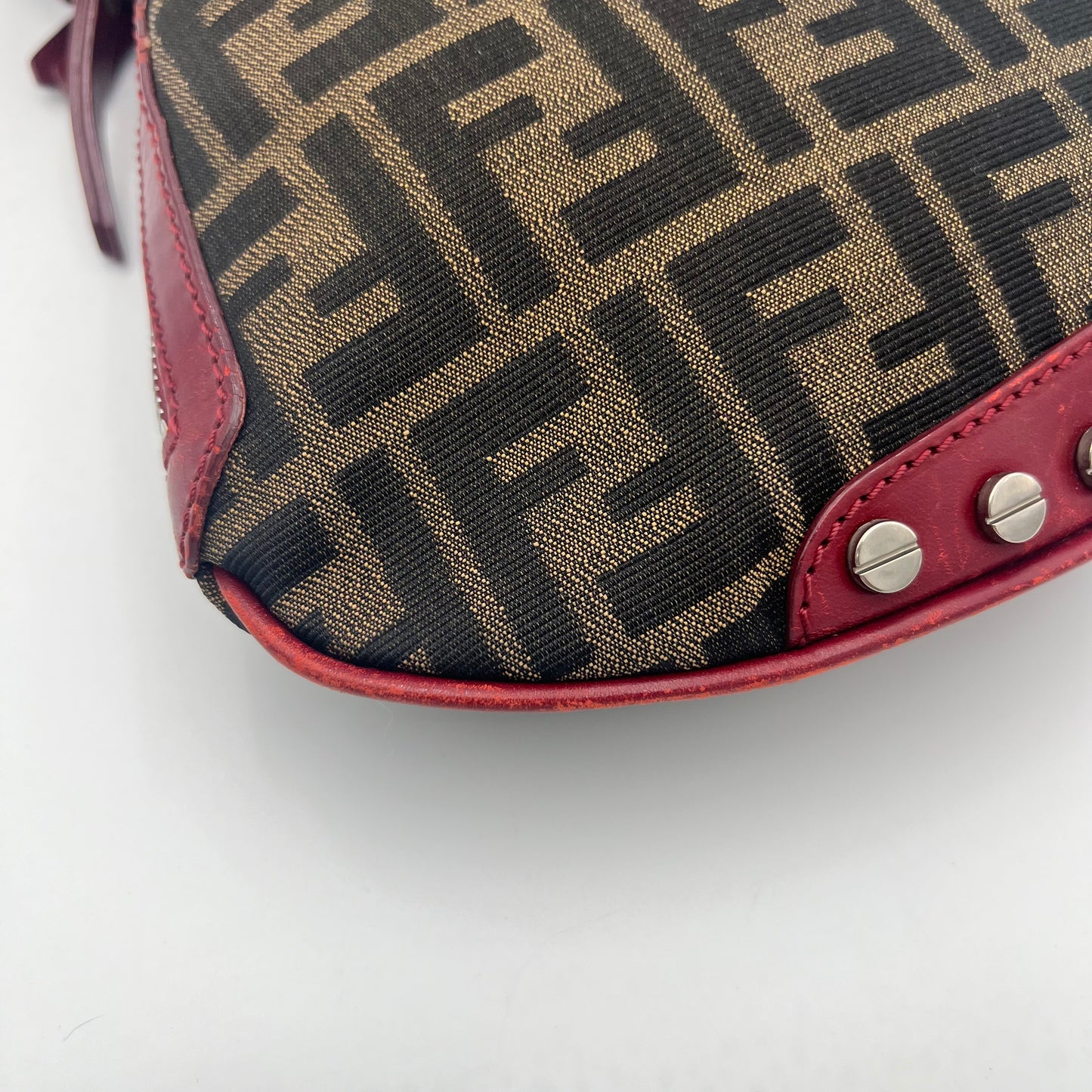 Fendi Tobacco Zucca and Studded Burgundy Leather Oyster Bag