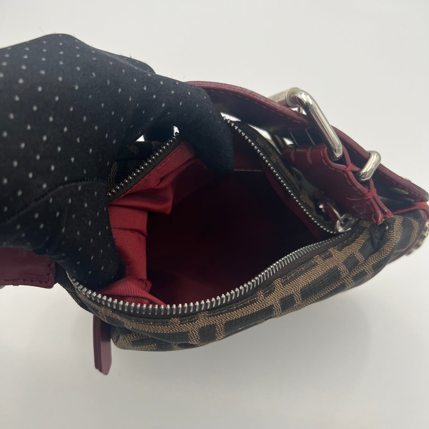 Fendi Tobacco Zucca and Studded Burgundy Leather Oyster Bag