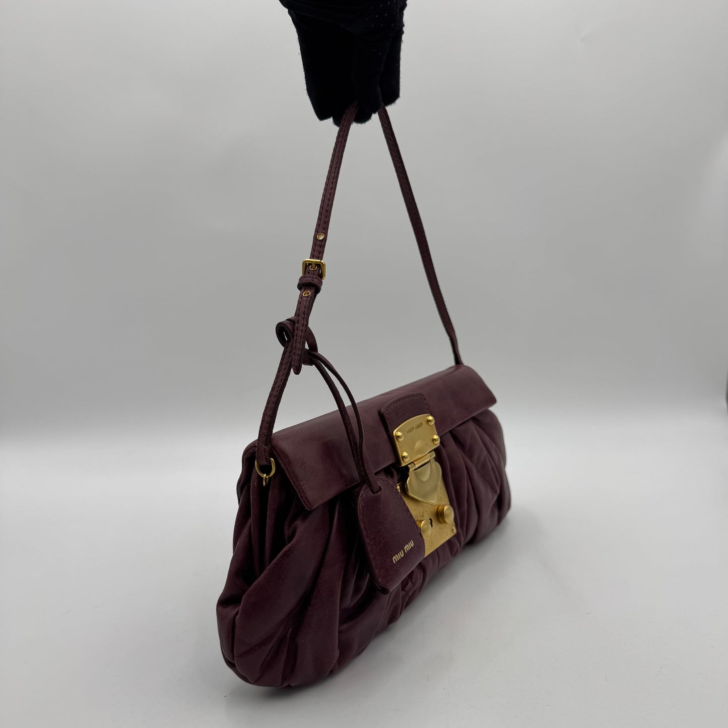 Miu Miu Burgundy Quilted Matelasse Leather Buckle Flap Shoulder Bag GHW