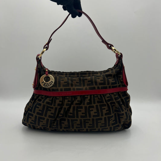 Fendi Tobacco Zucca Burgundy Leather Chef Hobo Shoulder Bag GHW