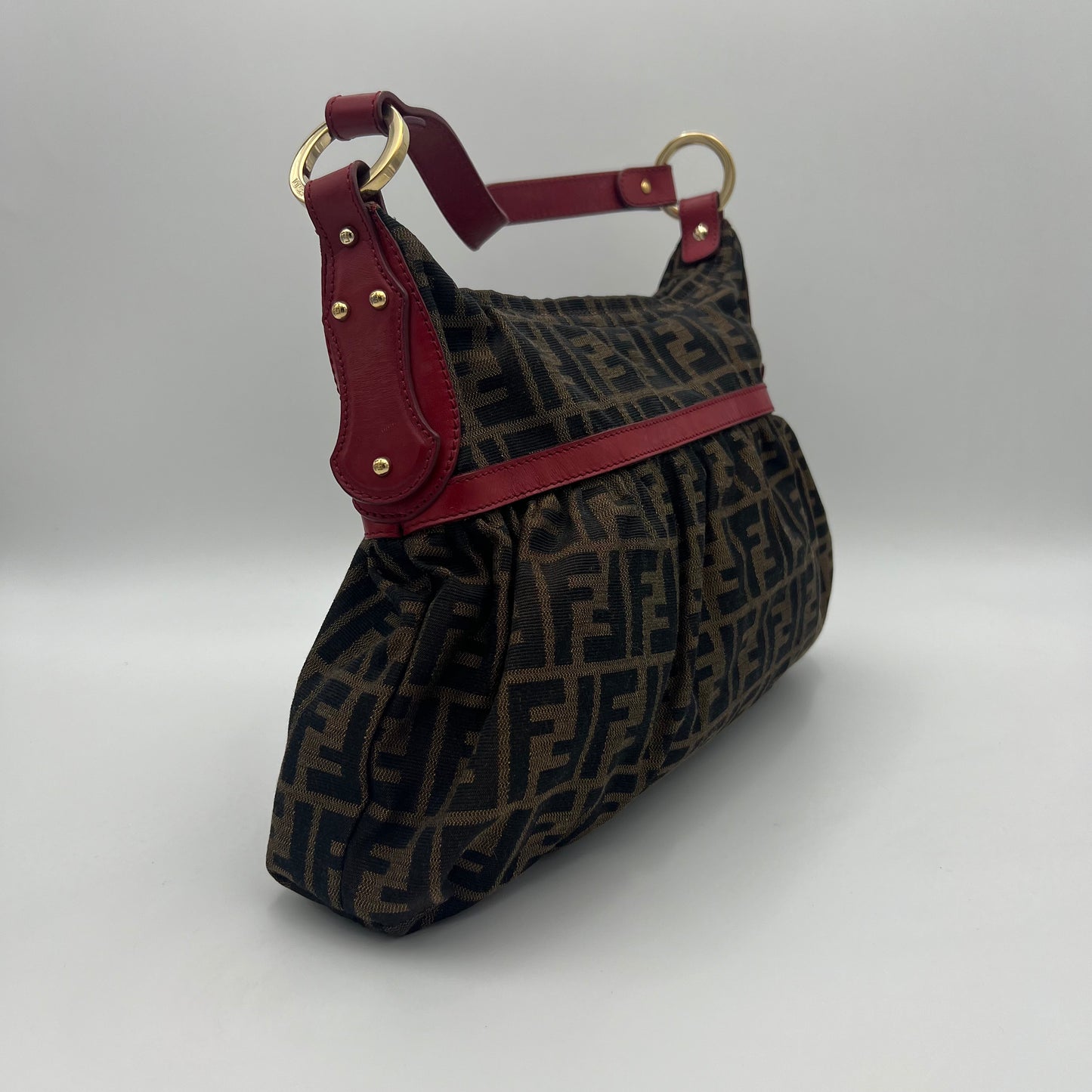 Fendi Tobacco Zucca Burgundy Leather Chef Hobo Shoulder Bag GHW