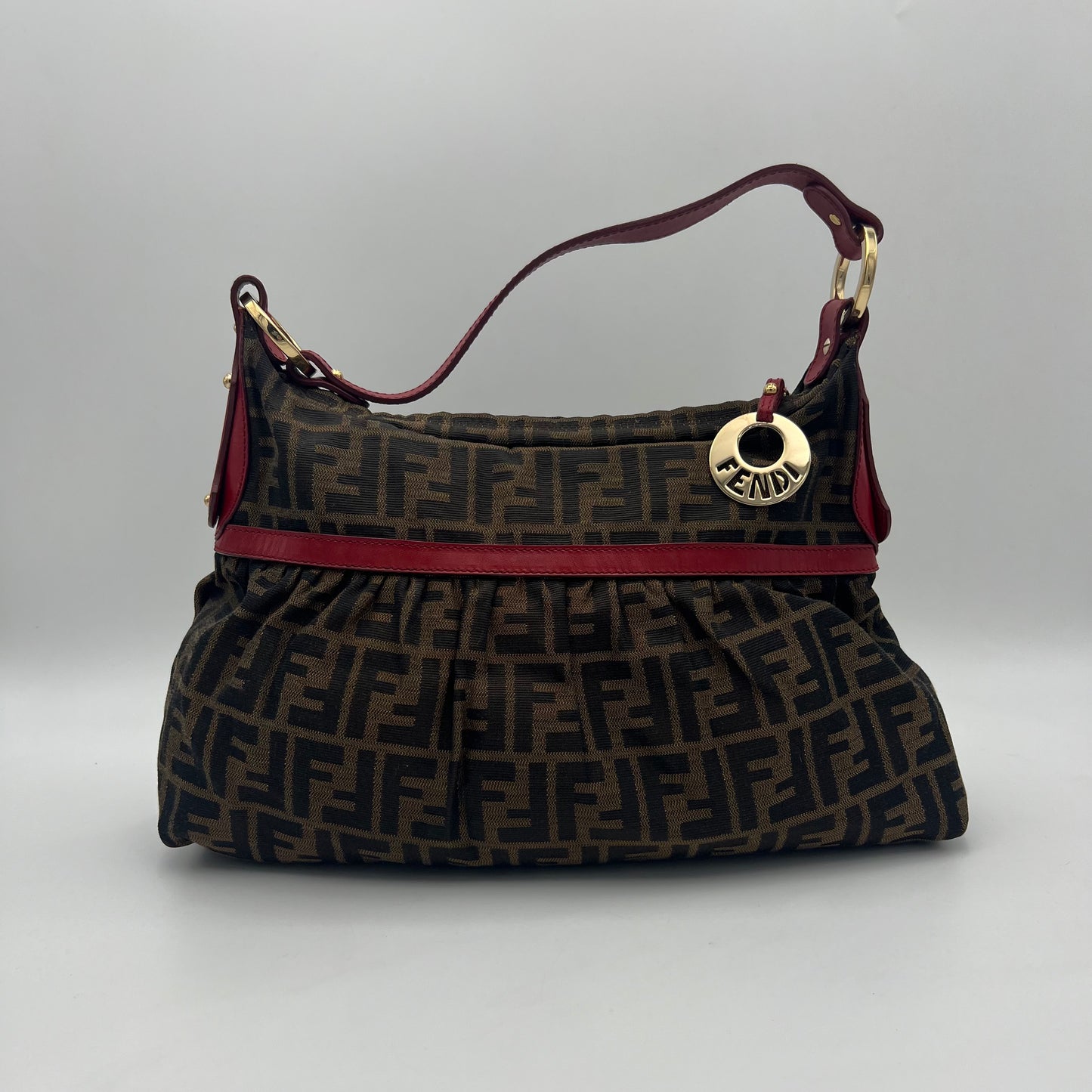 Fendi Tobacco Zucca Burgundy Leather Chef Hobo Shoulder Bag GHW