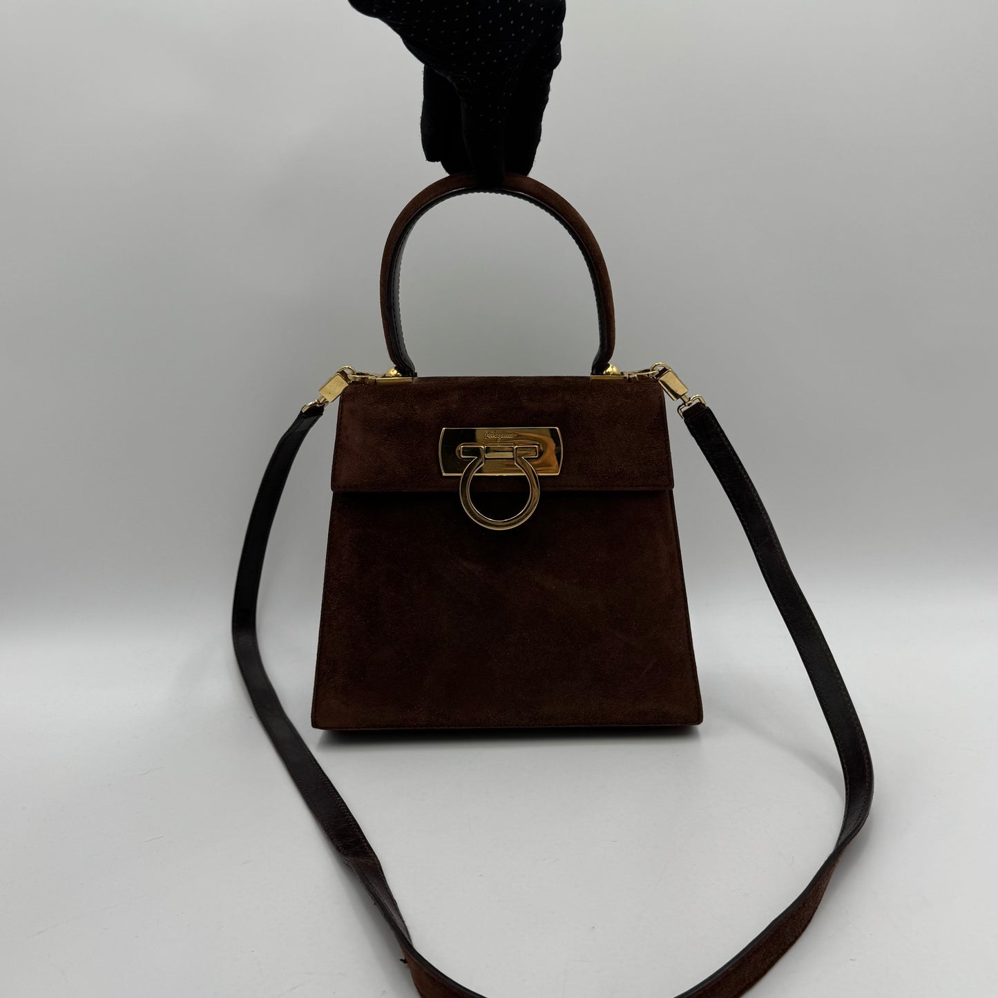 Salvatore Ferragamo Brown Suede Gancini Two-Way Top Handle Handbag