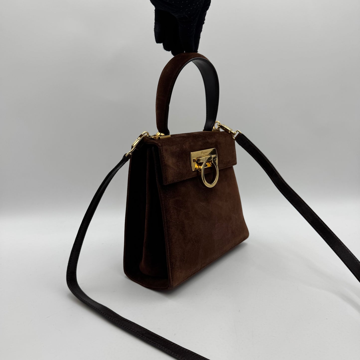 Salvatore Ferragamo Brown Suede Gancini Two-Way Top Handle Handbag