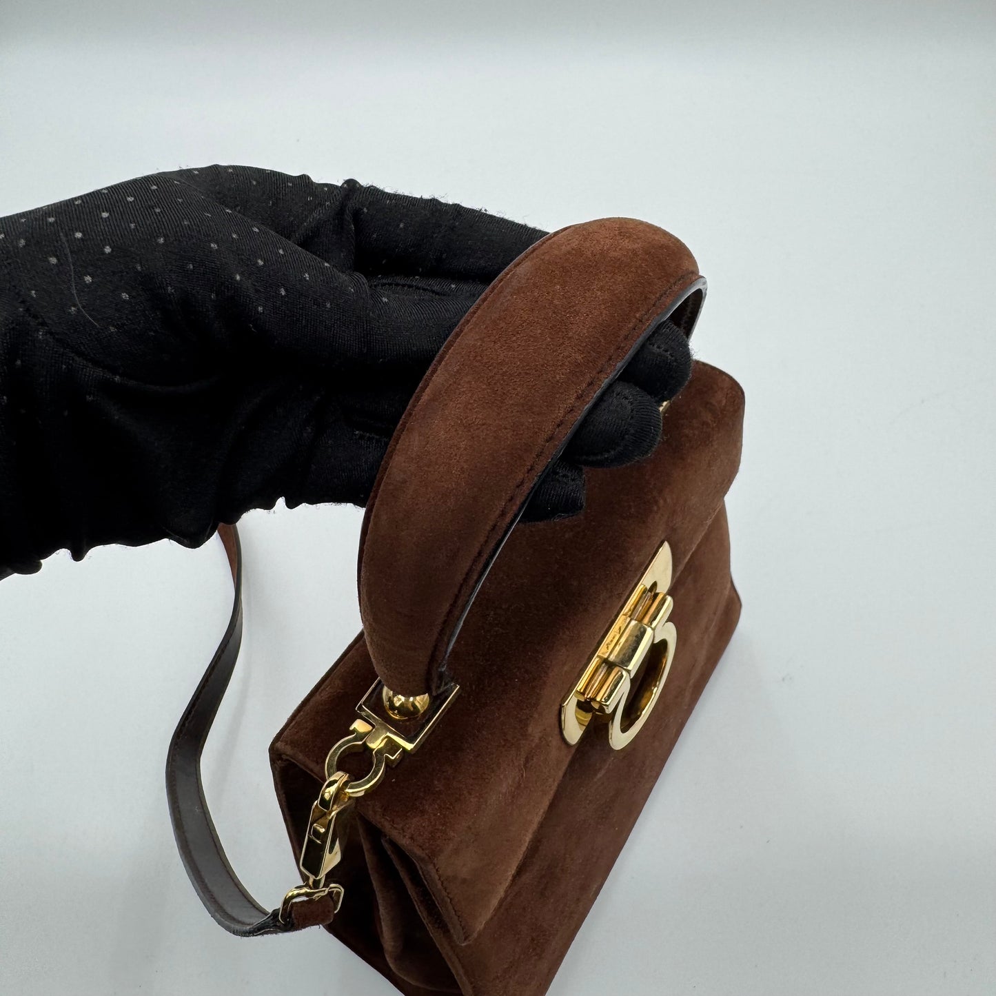 Salvatore Ferragamo Brown Suede Gancini Two-Way Top Handle Handbag