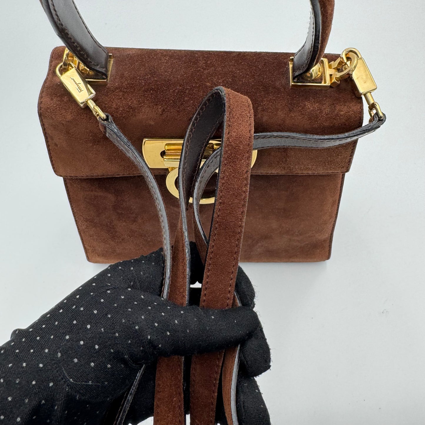 Salvatore Ferragamo Brown Suede Gancini Two-Way Top Handle Handbag