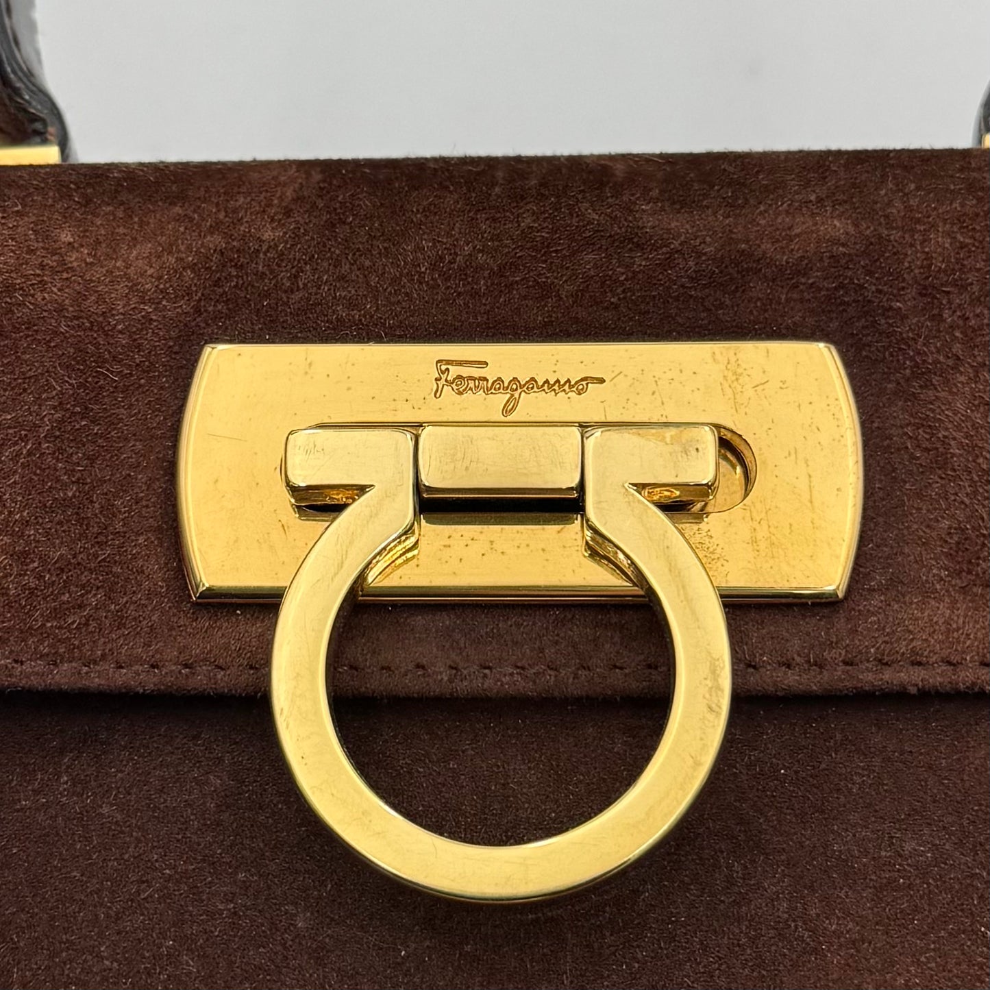 Salvatore Ferragamo Brown Suede Gancini Two-Way Top Handle Handbag