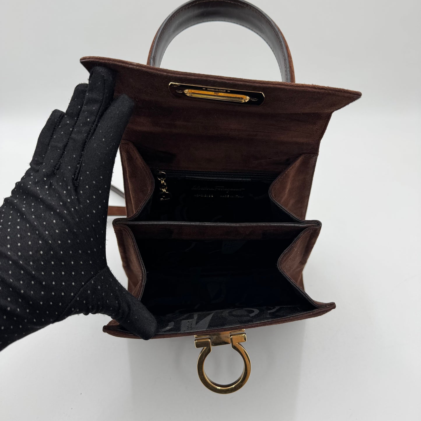 Salvatore Ferragamo Brown Suede Gancini Two-Way Top Handle Handbag