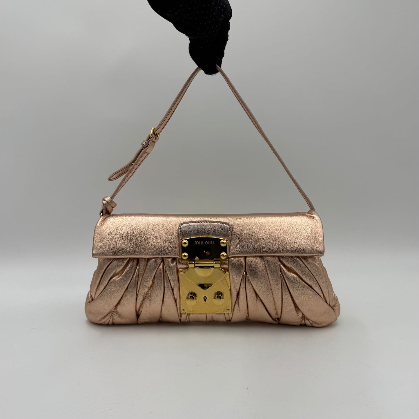 Miu Miu Metallic Pink Quilted Matelasse Leather Buckle Flap Shoulder Bag GHW