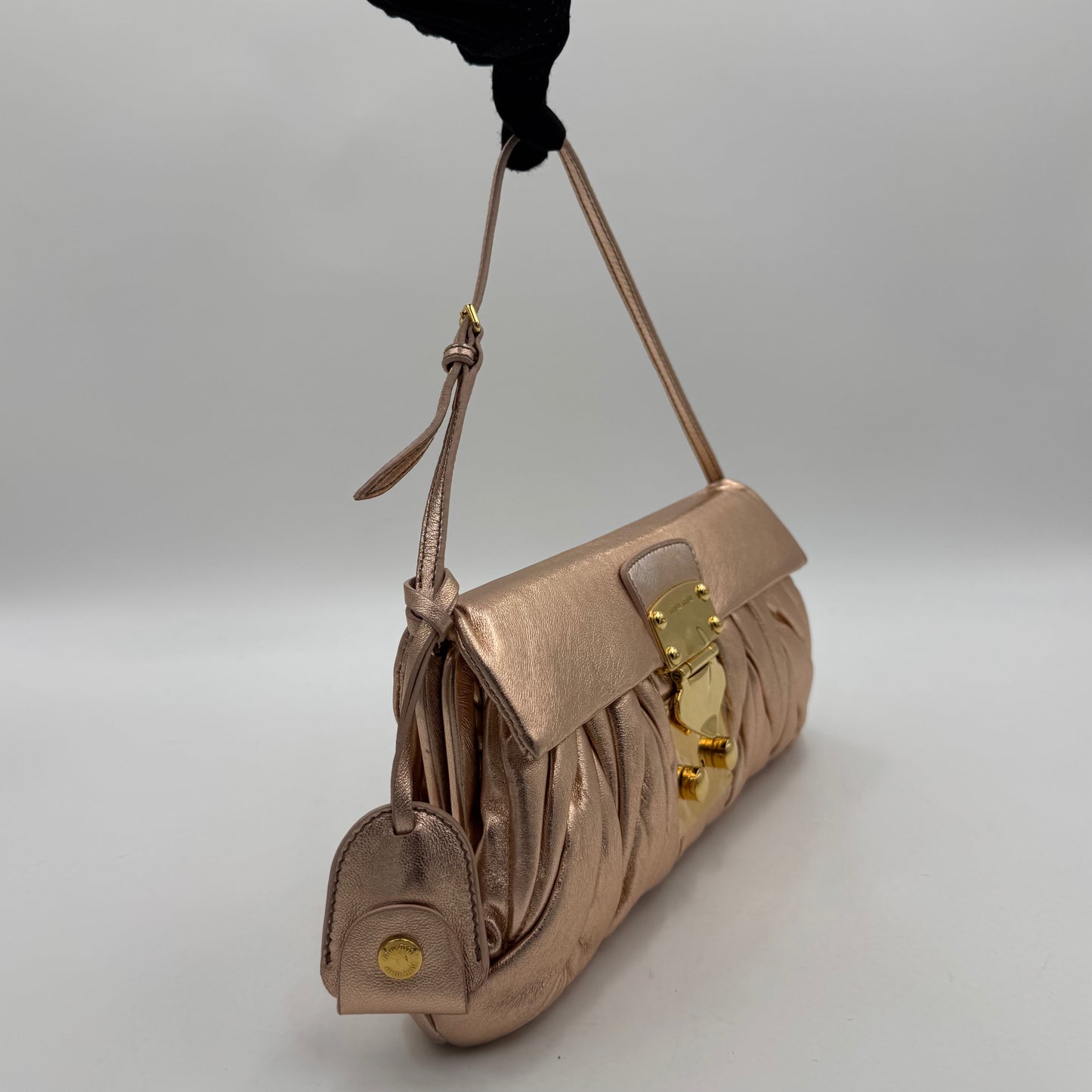 Miu Miu Metallic Pink Quilted Matelasse Leather Buckle Flap Shoulder Bag GHW