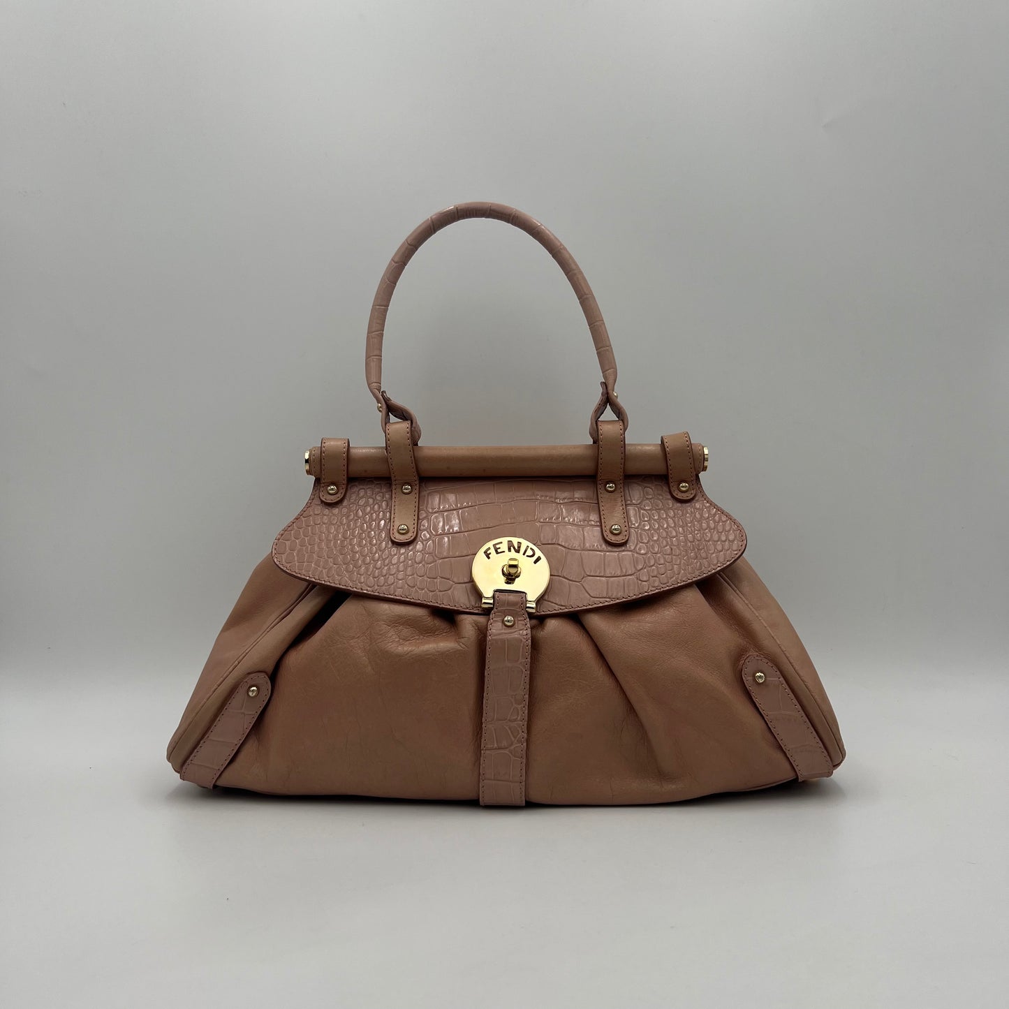 Fendi Pink Leather Croc Embossed Magic Handbag