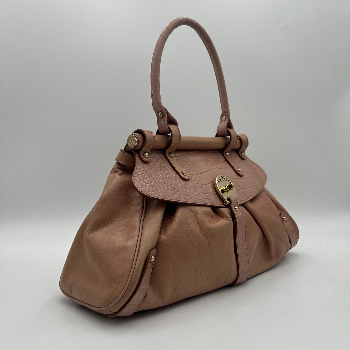 Fendi Pink Leather Croc Embossed Magic Handbag