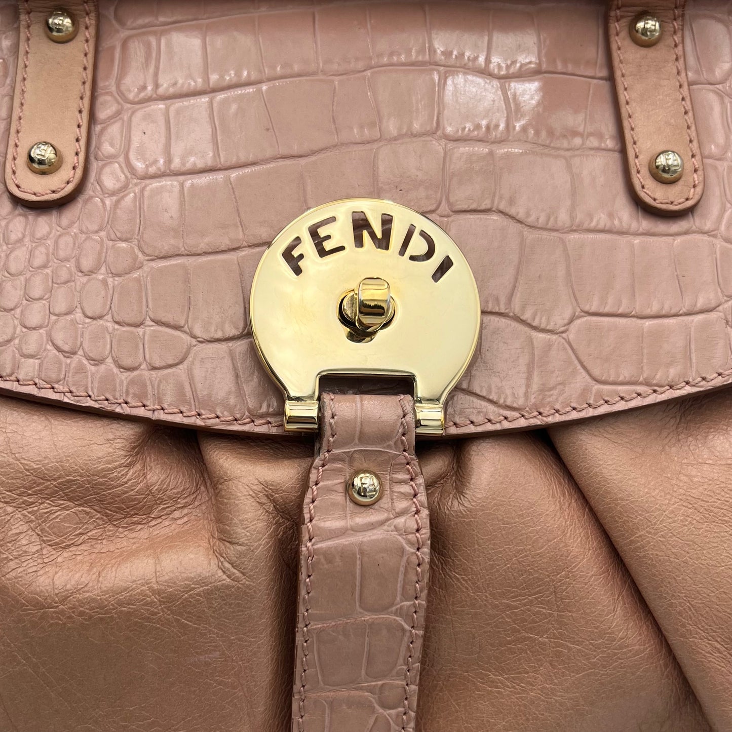 Fendi Pink Leather Croc Embossed Magic Handbag