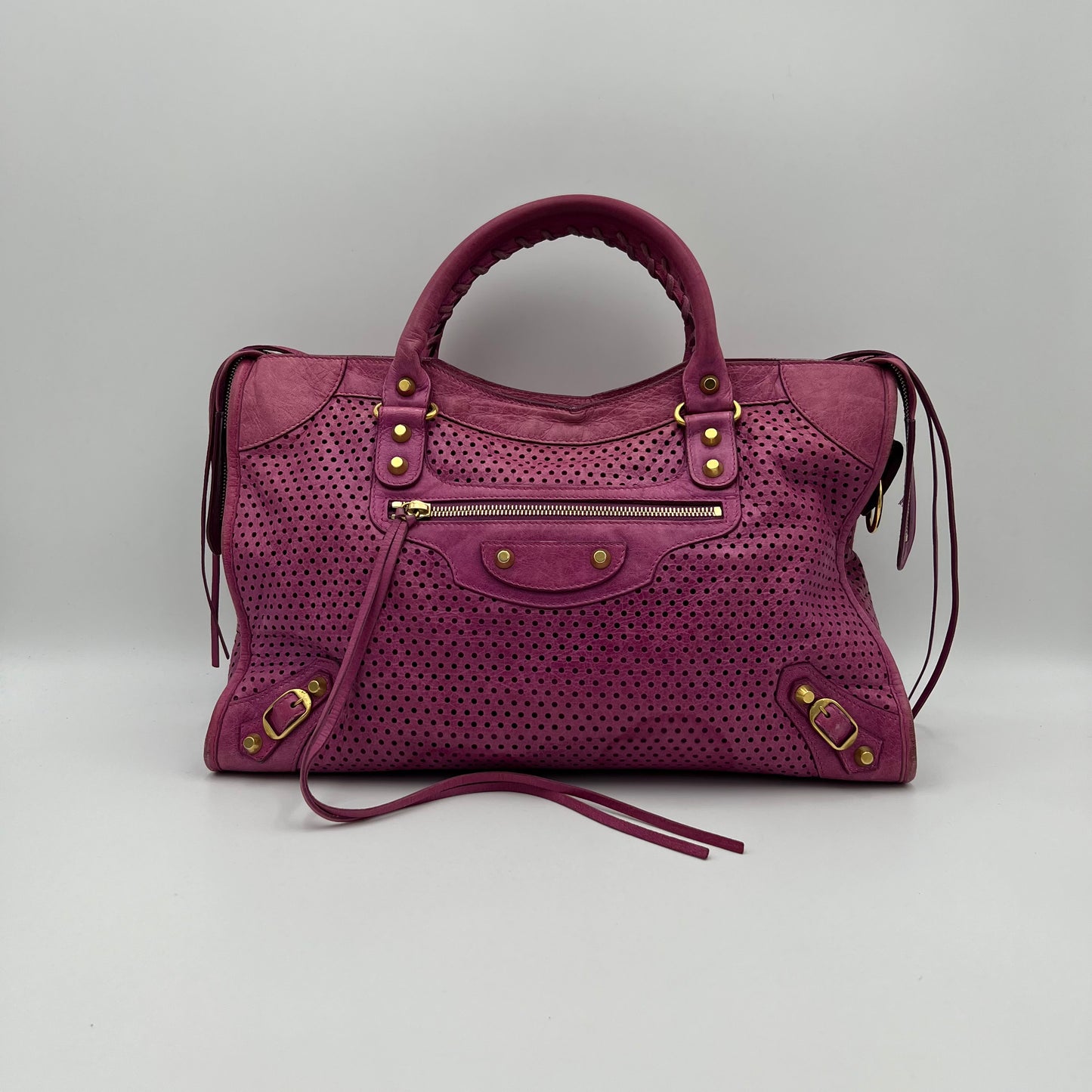 Balenciaga Pink Magenta Perforated Leather Motocross City Bag GHW