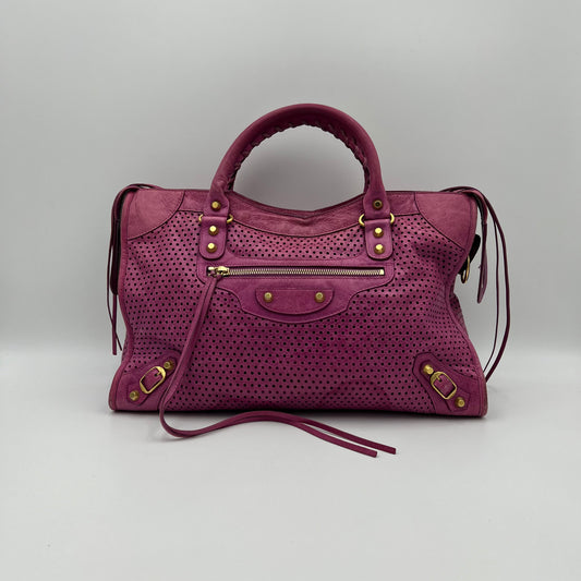 Balenciaga Pink Magenta Perforated Leather Motocross City Bag GHW