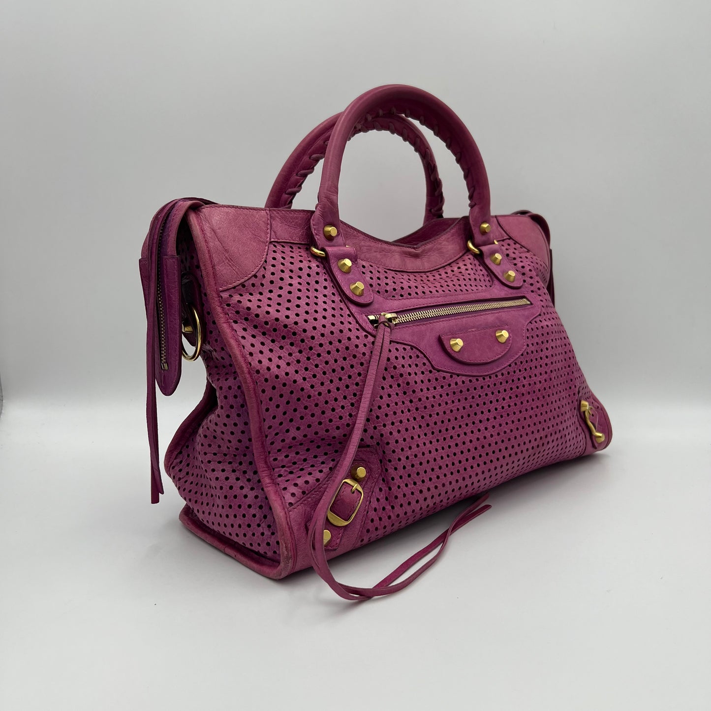 Balenciaga Pink Magenta Perforated Leather Motocross City Bag GHW
