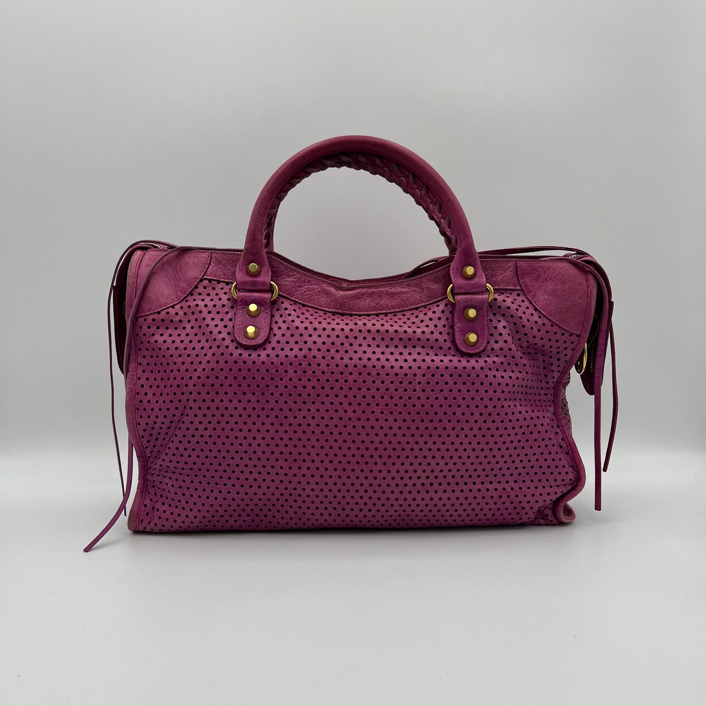 Balenciaga Pink Magenta Perforated Leather Motocross City Bag GHW