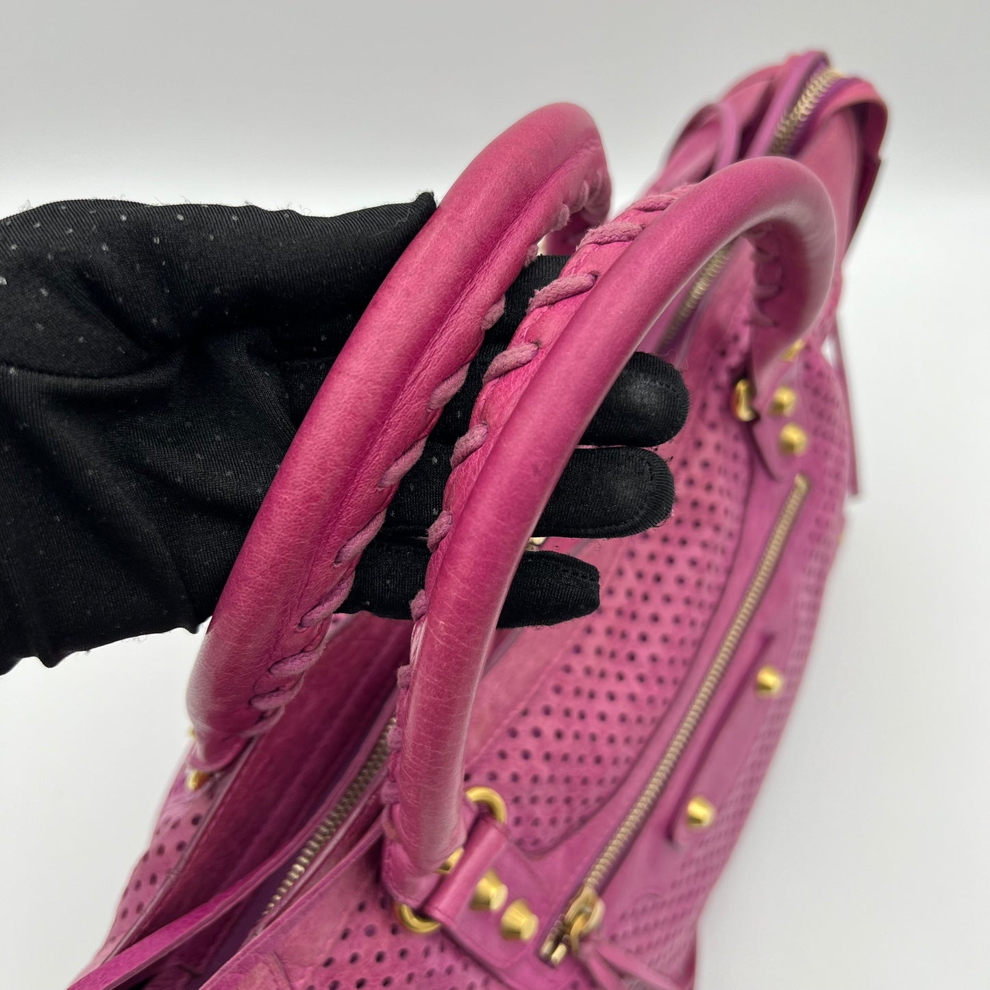 Balenciaga Pink Magenta Perforated Leather Motocross City Bag GHW
