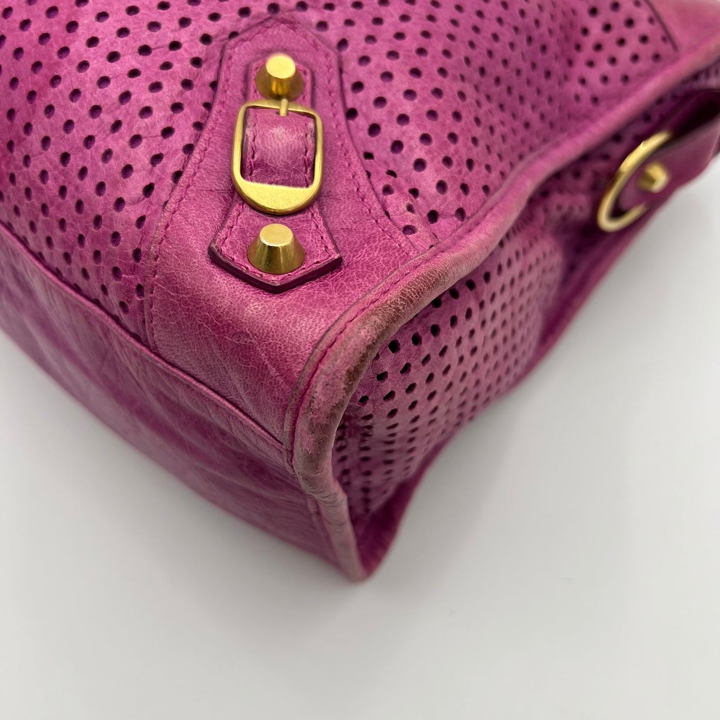 Balenciaga Pink Magenta Perforated Leather Motocross City Bag GHW