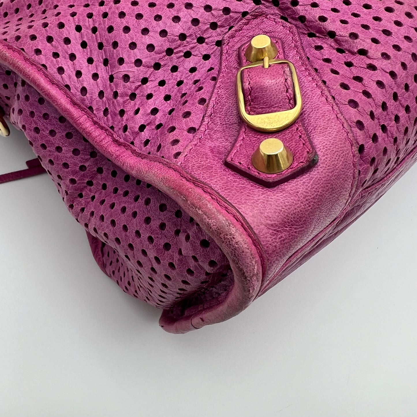 Balenciaga Pink Magenta Perforated Leather Motocross City Bag GHW