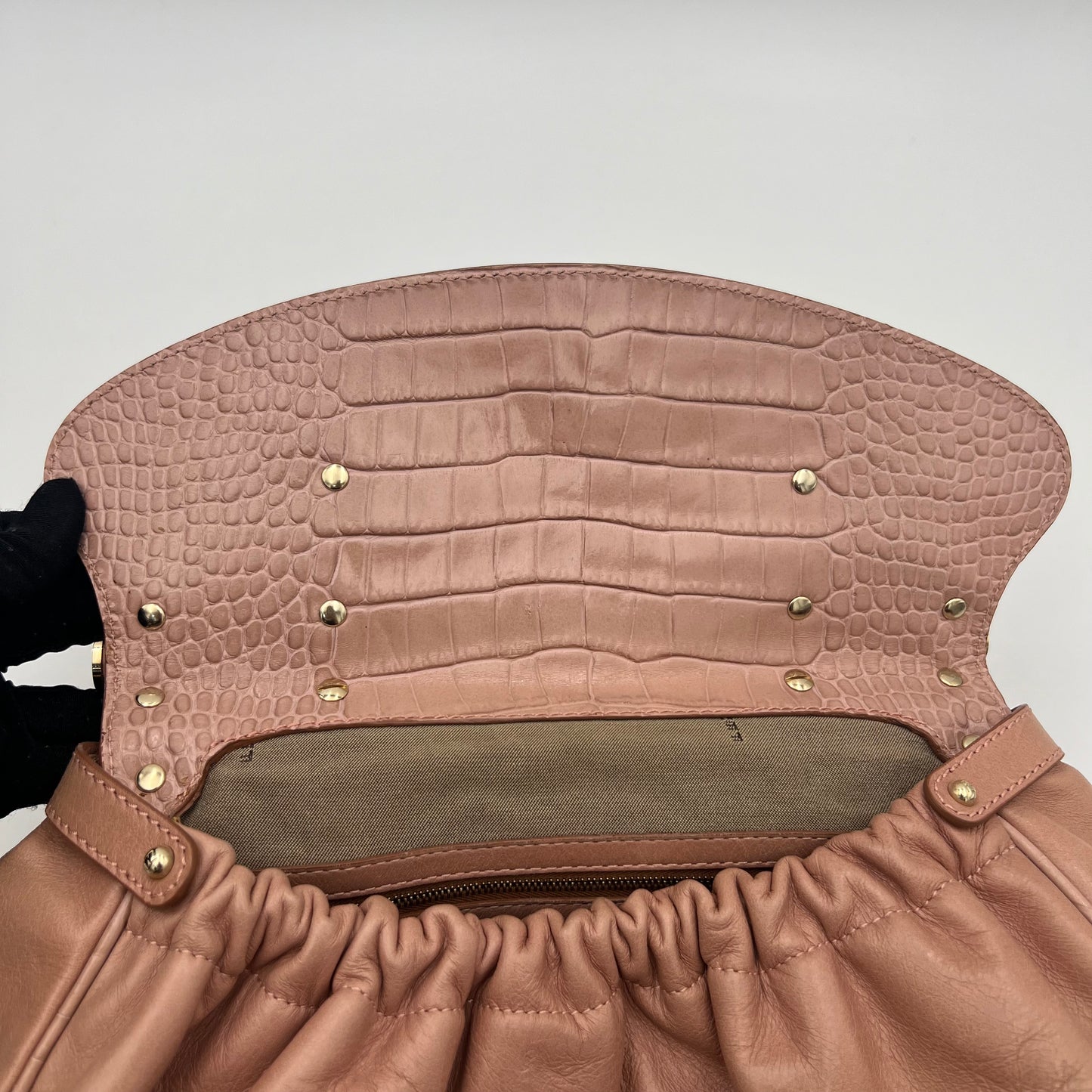Fendi Pink Leather Croc Embossed Magic Handbag