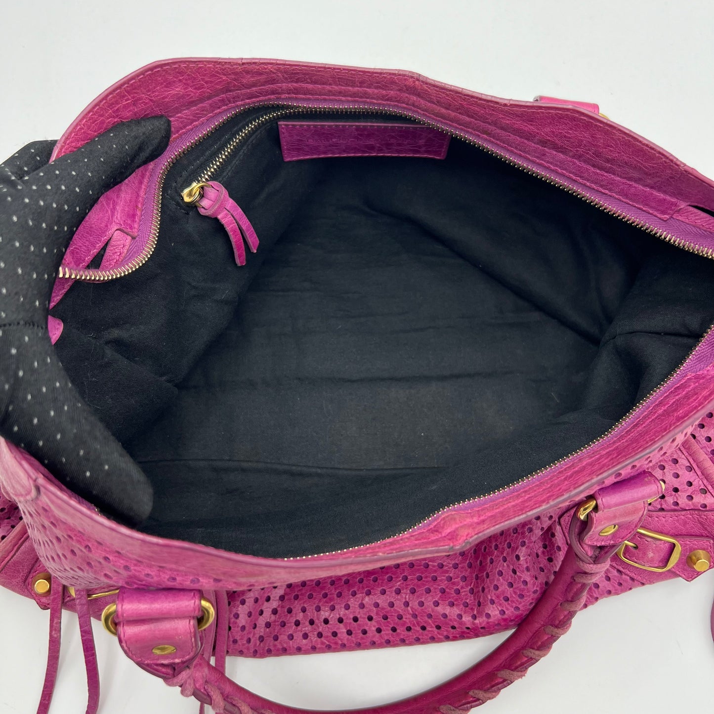 Balenciaga Pink Magenta Perforated Leather Motocross City Bag GHW