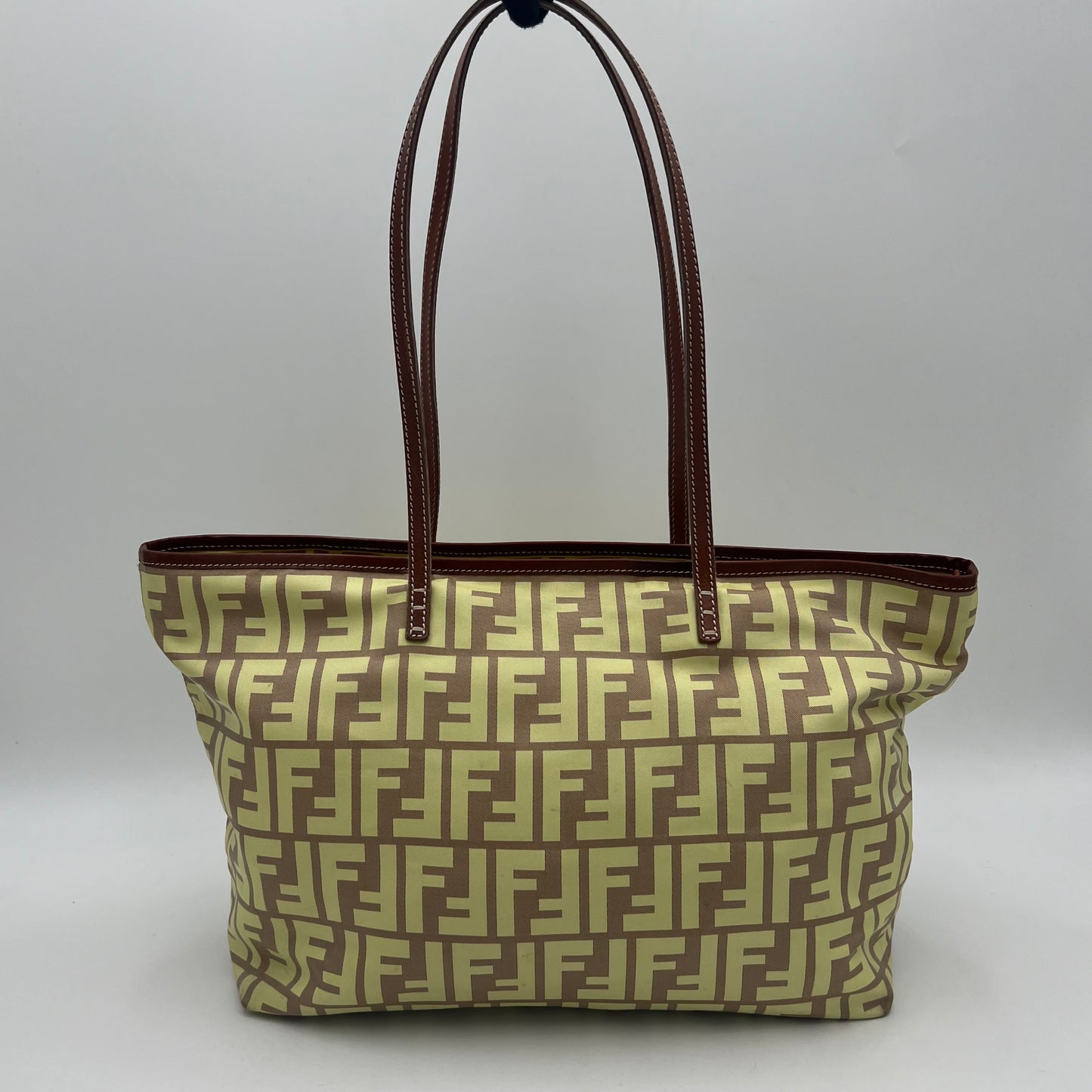 Fendi Light Yellow Zucca Nylon Brown Leather Roll Zip Tote