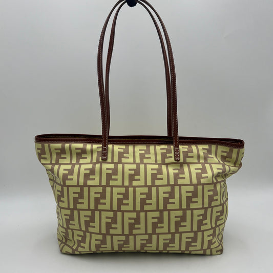 Fendi Light Yellow Zucca Nylon Brown Leather Roll Zip Tote