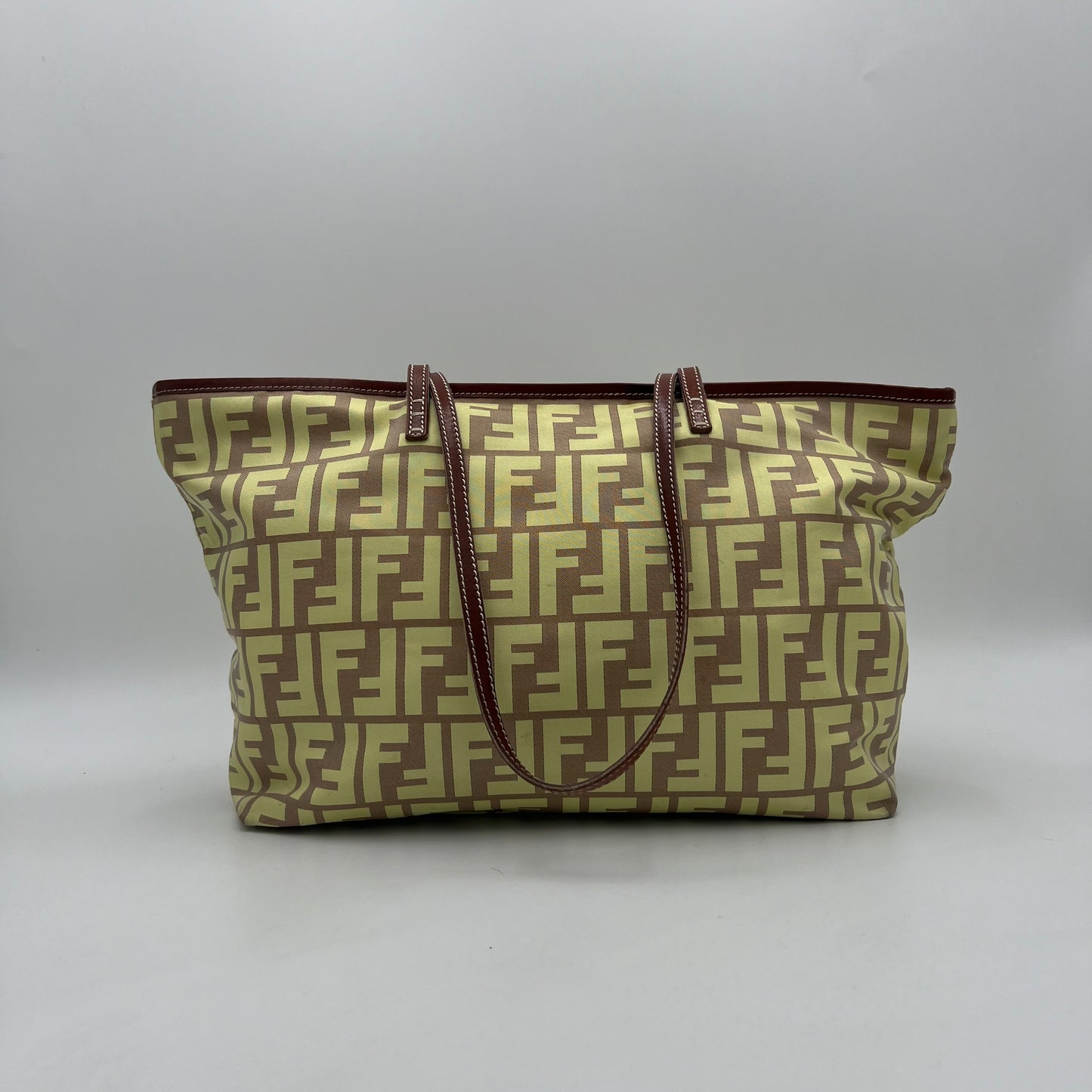 Fendi Light Yellow Zucca Nylon Brown Leather Roll Zip Tote