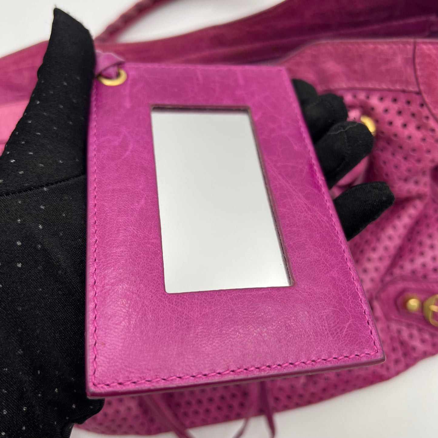 Balenciaga Pink Magenta Perforated Leather Motocross City Bag GHW