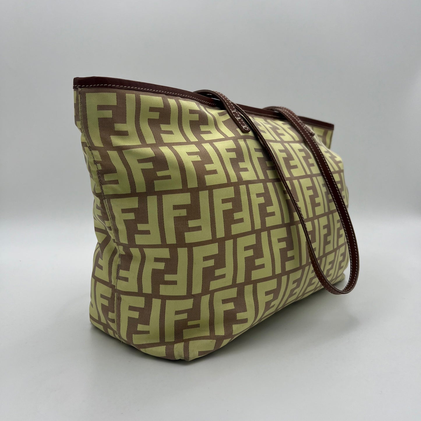 Fendi Light Yellow Zucca Nylon Brown Leather Roll Zip Tote