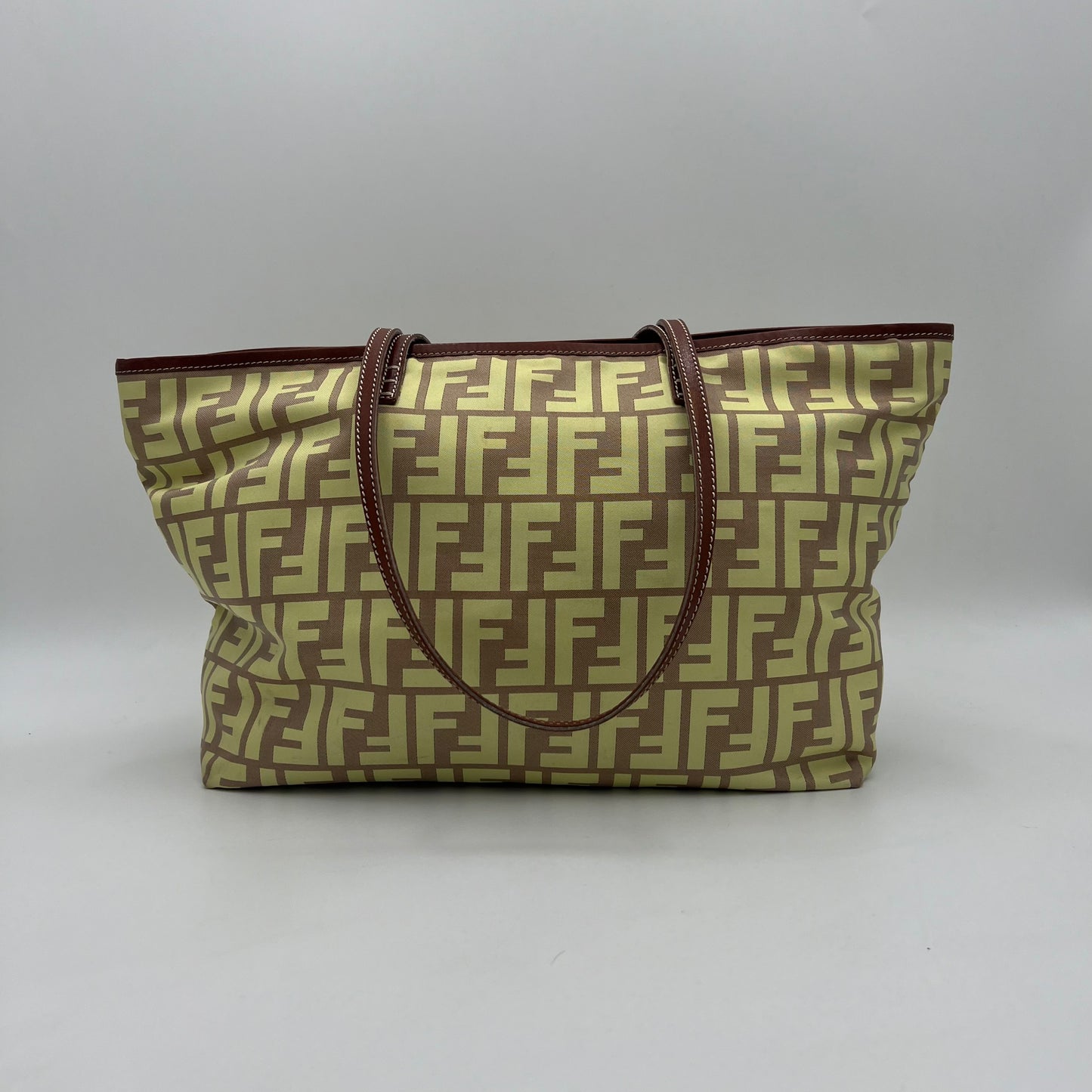 Fendi Light Yellow Zucca Nylon Brown Leather Roll Zip Tote