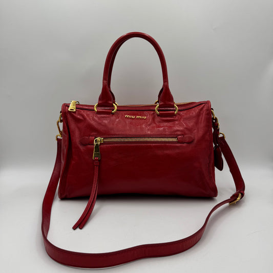 Miu Miu Red Vitello Shine Zip Handbag with Long Strap GHW