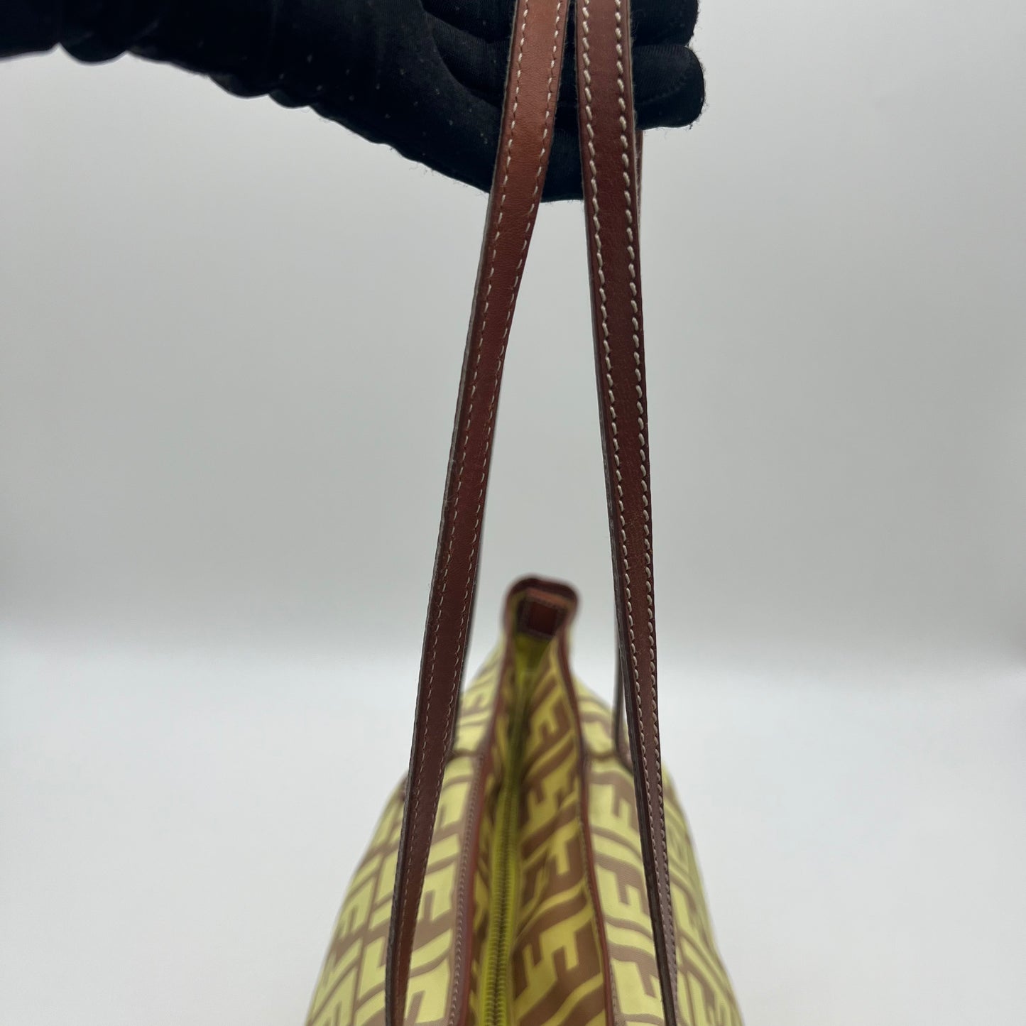 Fendi Light Yellow Zucca Nylon Brown Leather Roll Zip Tote