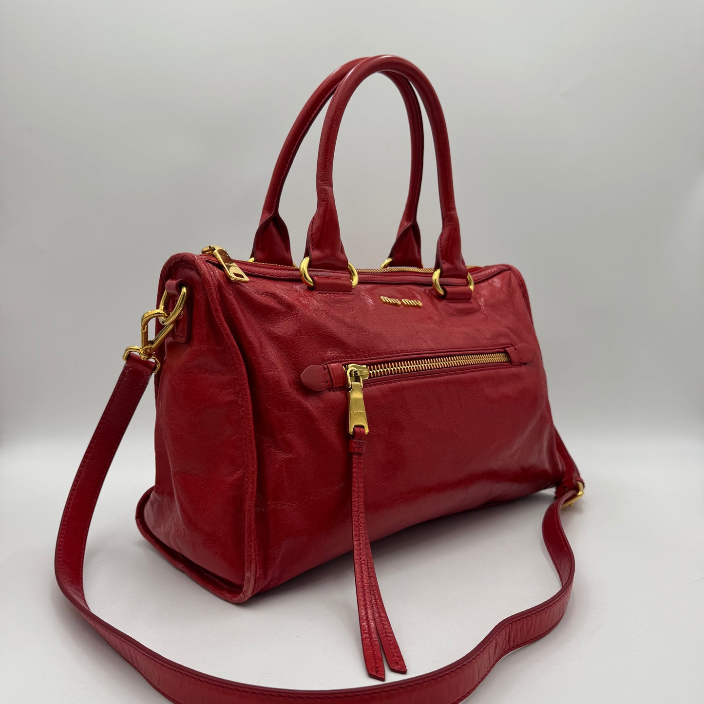 Miu Miu Red Vitello Shine Zip Handbag with Long Strap GHW