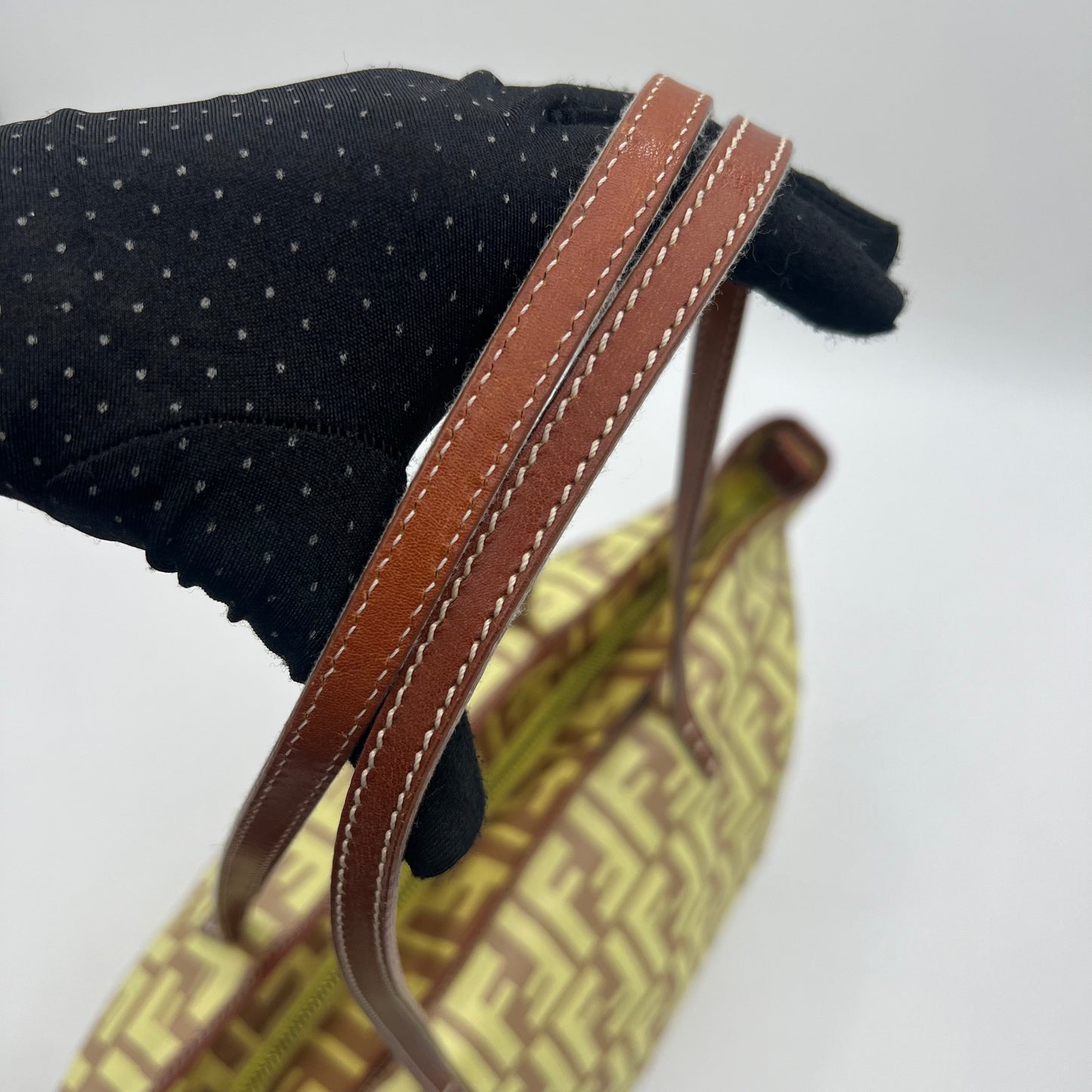 Fendi Light Yellow Zucca Nylon Brown Leather Roll Zip Tote