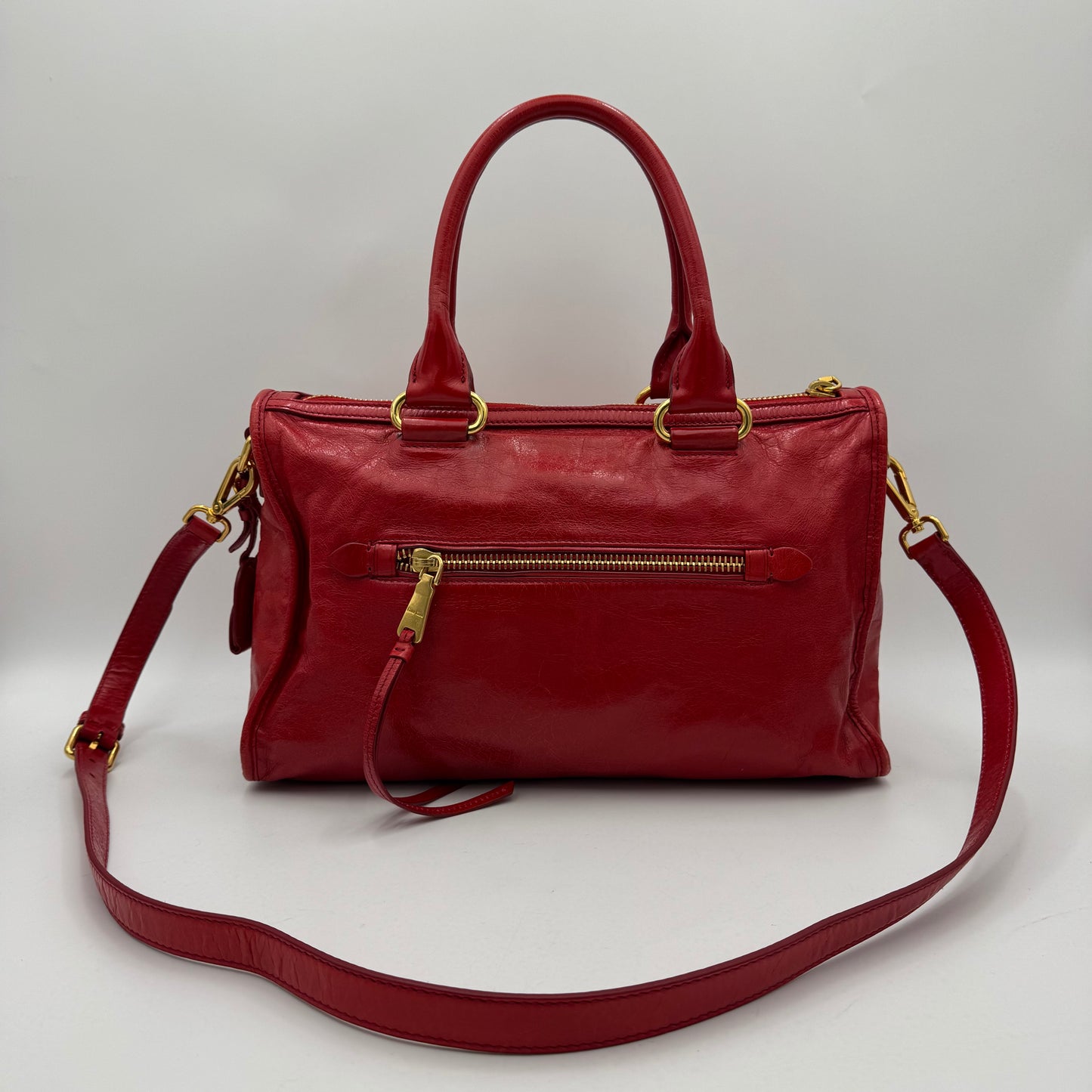 Miu Miu Red Vitello Shine Zip Handbag with Long Strap GHW