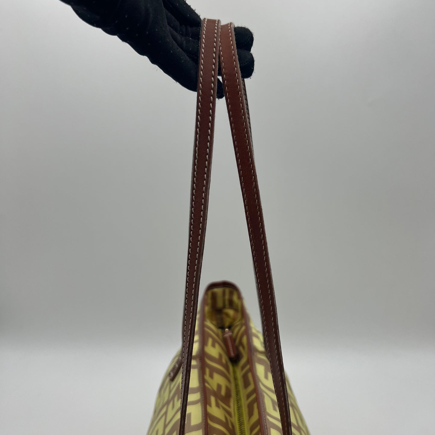 Fendi Light Yellow Zucca Nylon Brown Leather Roll Zip Tote