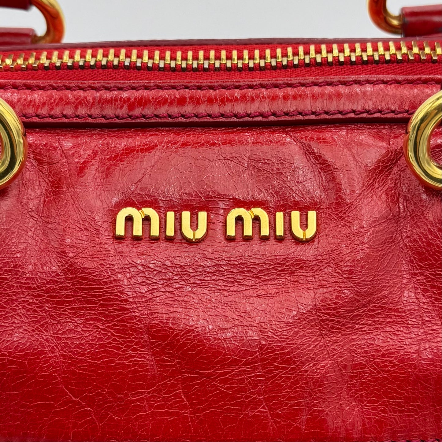 Miu Miu Red Vitello Shine Zip Handbag with Long Strap GHW