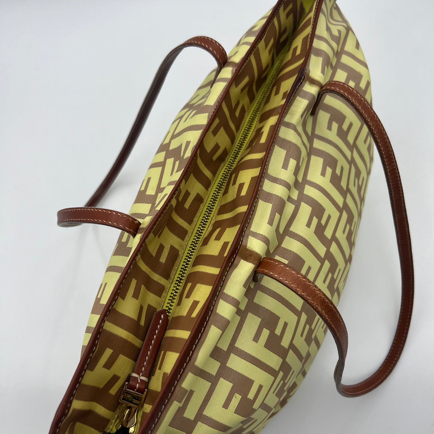 Fendi Light Yellow Zucca Nylon Brown Leather Roll Zip Tote