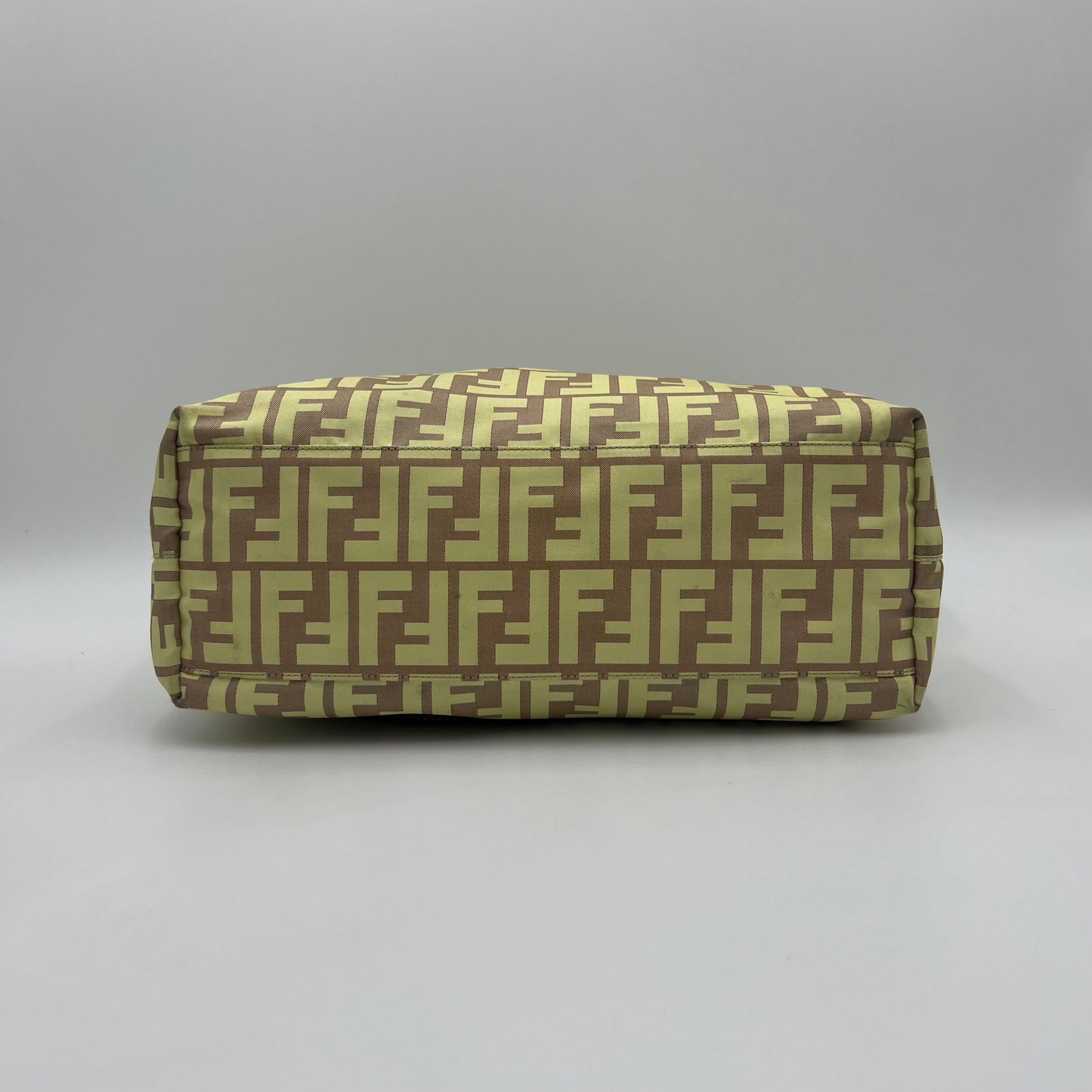 Fendi Light Yellow Zucca Nylon Brown Leather Roll Zip Tote