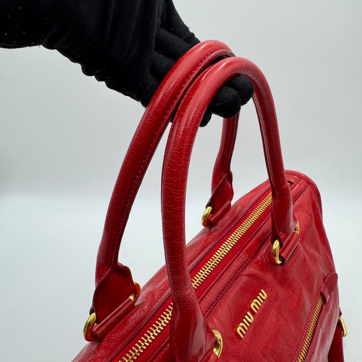 Miu Miu Red Vitello Shine Zip Handbag with Long Strap GHW