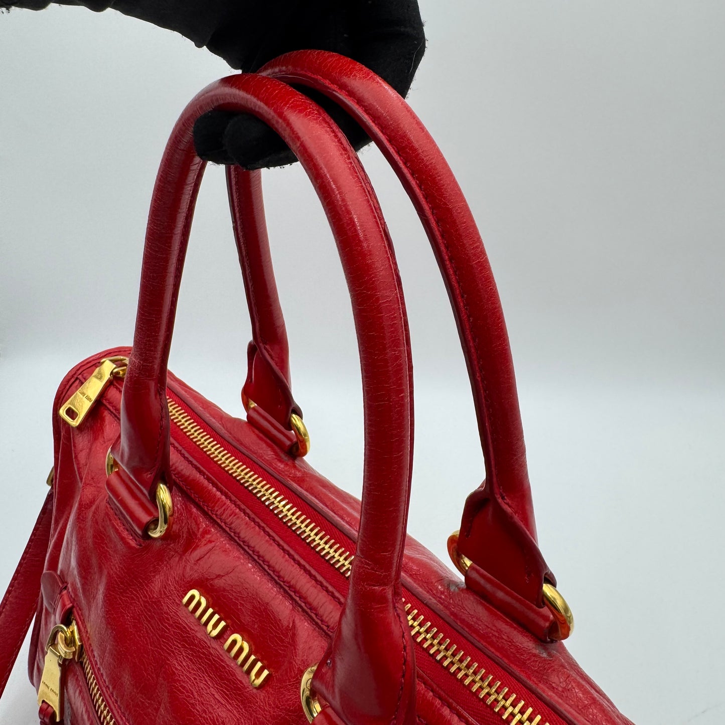 Miu Miu Red Vitello Shine Zip Handbag with Long Strap GHW