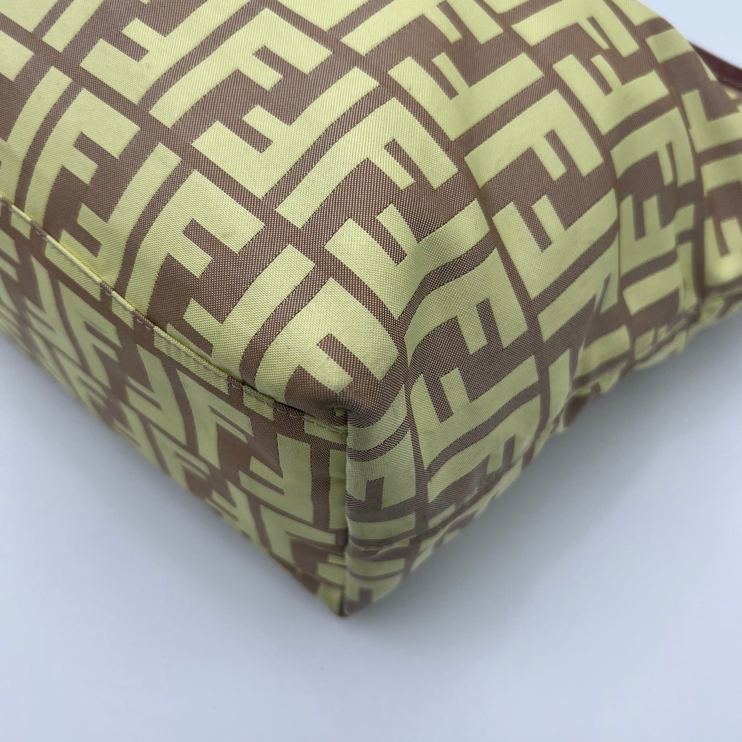 Fendi Light Yellow Zucca Nylon Brown Leather Roll Zip Tote