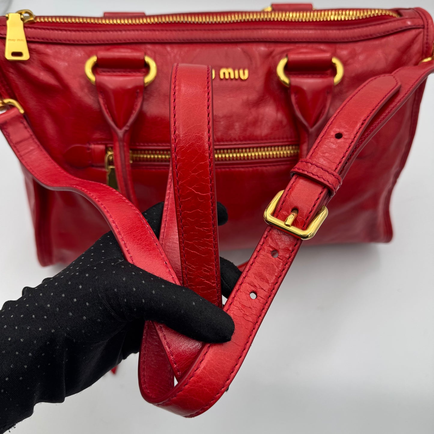 Miu Miu Red Vitello Shine Zip Handbag with Long Strap GHW